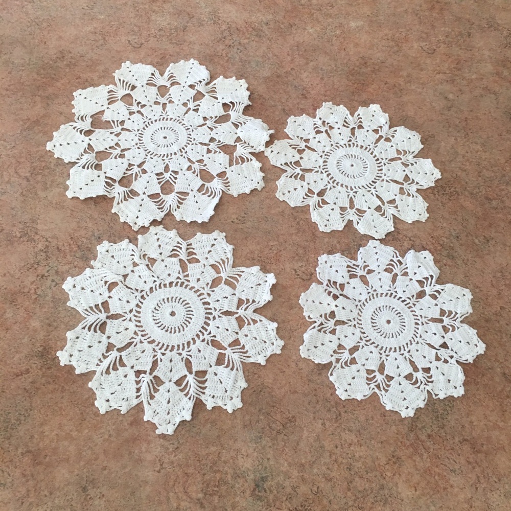 Vintage Set of Four White Crochet Doilies Grandma’s attic cottage